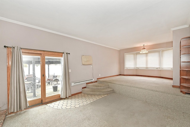 unfurnished room with light carpet, ornamental molding, plenty of natural light, and a baseboard heating unit