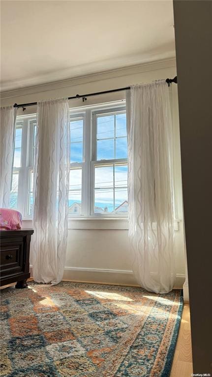 interior space with hardwood / wood-style floors and crown molding