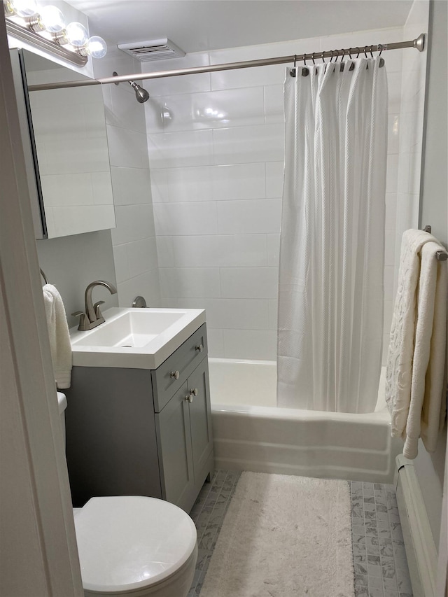 full bathroom with toilet, vanity, and shower / tub combo with curtain