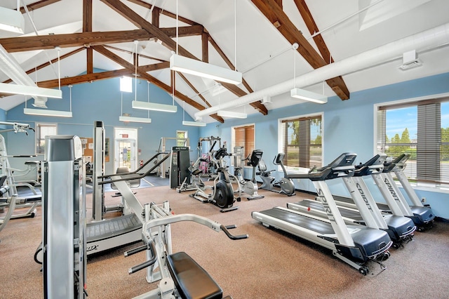 workout area with high vaulted ceiling