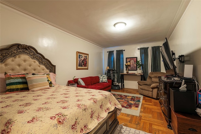 bedroom featuring parquet floors and crown molding