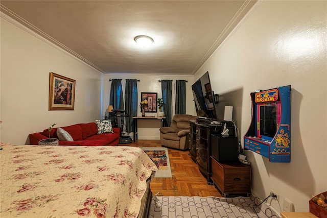 bedroom featuring parquet flooring and ornamental molding