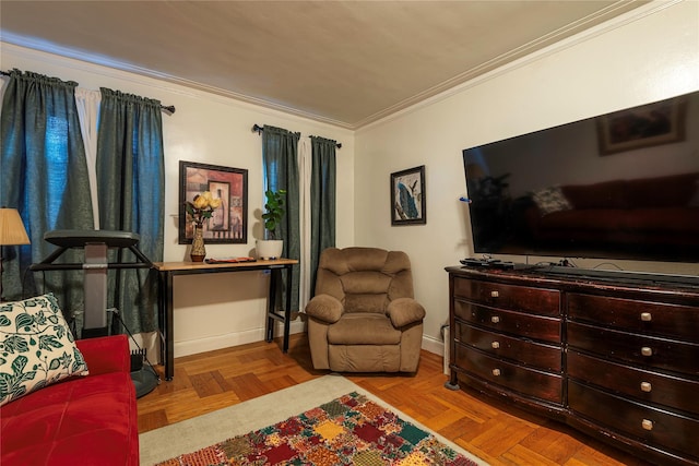 sitting room featuring crown molding and light parquet floors