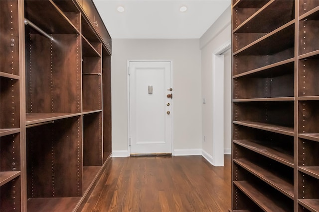 spacious closet with dark hardwood / wood-style flooring