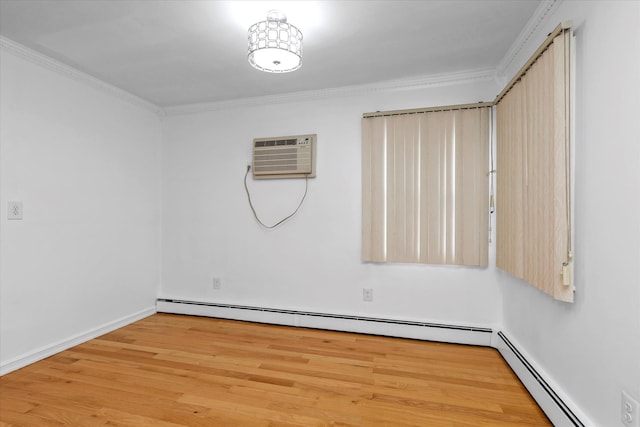 unfurnished room featuring a baseboard radiator, light hardwood / wood-style flooring, and ornamental molding