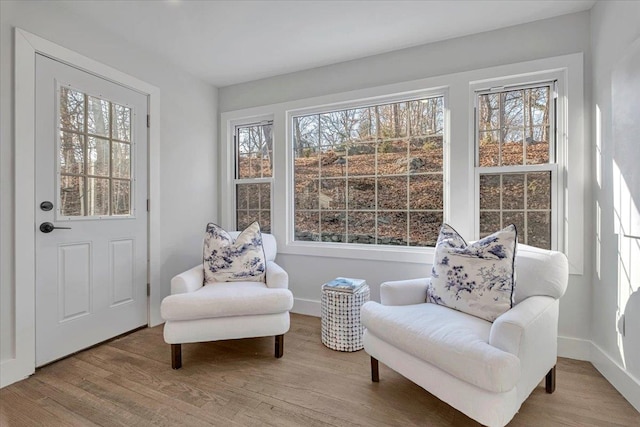 sitting room featuring plenty of natural light and light hardwood / wood-style flooring