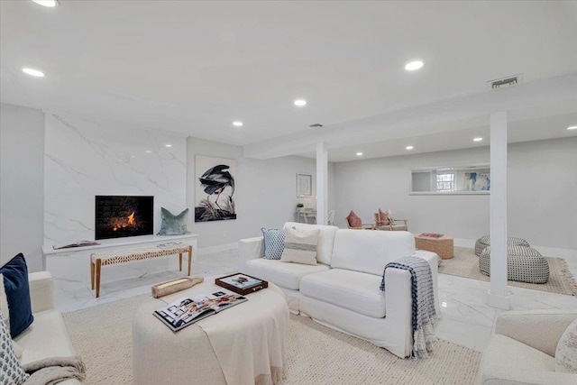 living room with a fireplace