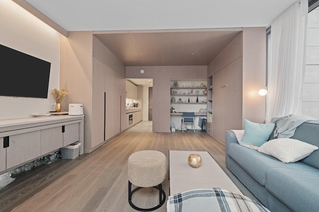 living room with built in shelves and light hardwood / wood-style floors