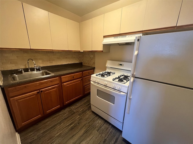 kitchen featuring backsplash, dark hardwood / wood-style floors, sink, white appliances, and white cabinets