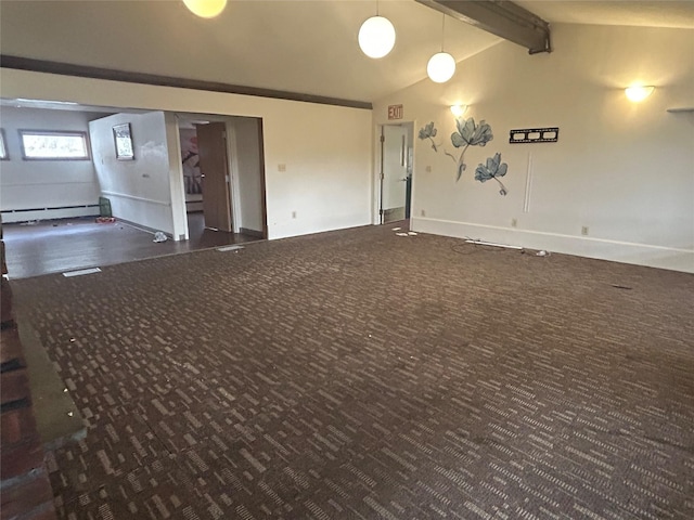 interior space with a baseboard heating unit, dark colored carpet, and lofted ceiling with beams