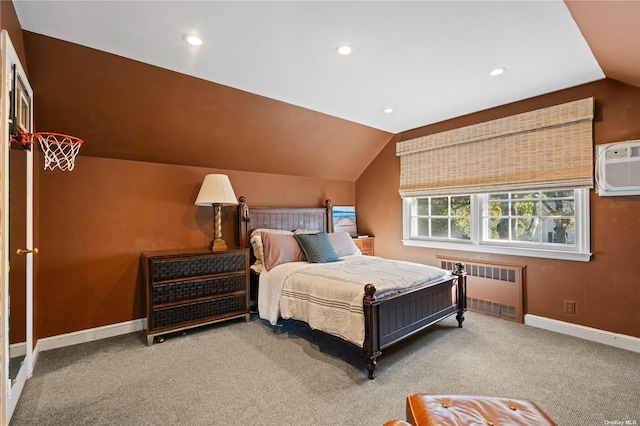 carpeted bedroom with radiator, an AC wall unit, and lofted ceiling