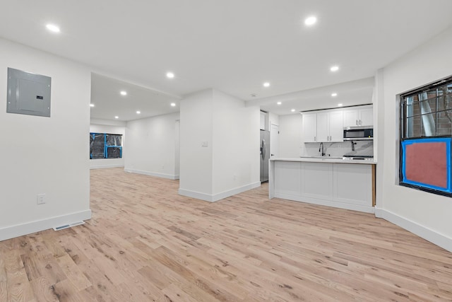 unfurnished living room featuring light wood-type flooring and electric panel