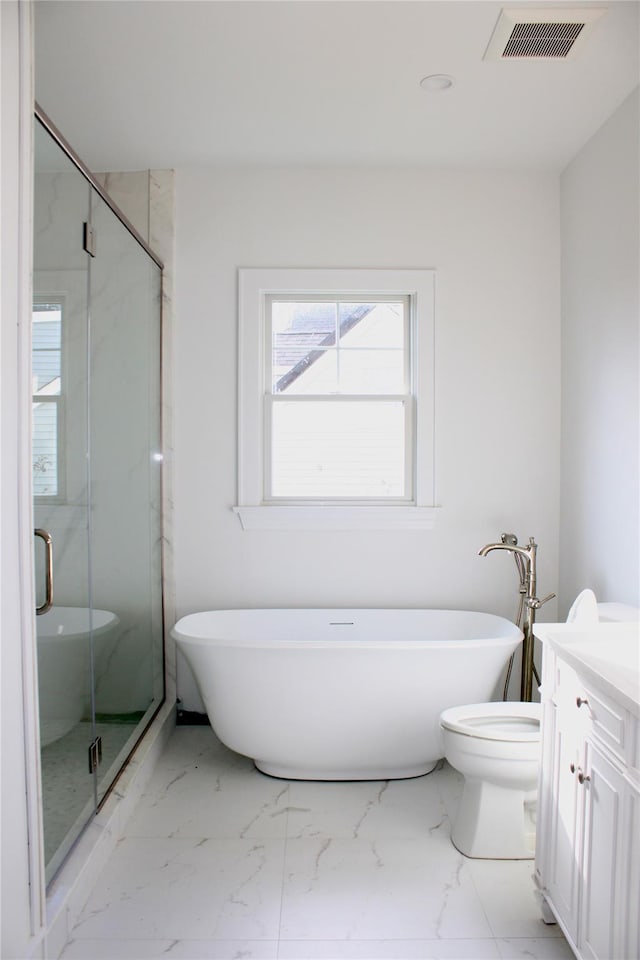 full bathroom featuring plus walk in shower, vanity, and toilet