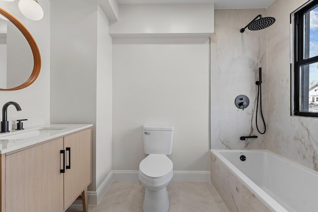 full bathroom featuring tile patterned flooring, vanity, toilet, and tiled shower / bath