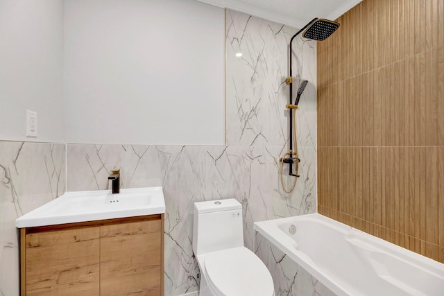 full bathroom featuring vanity, toilet, tile walls, and tiled shower / bath combo