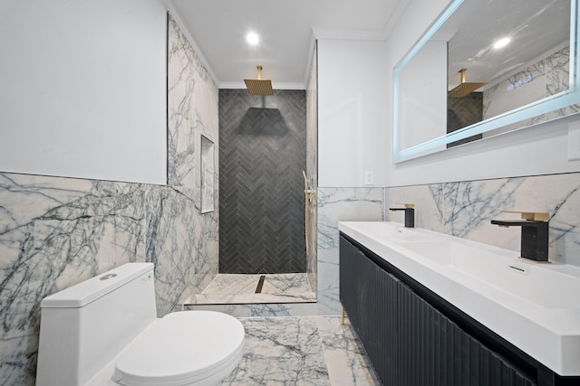 bathroom featuring tiled shower, vanity, toilet, and ornamental molding