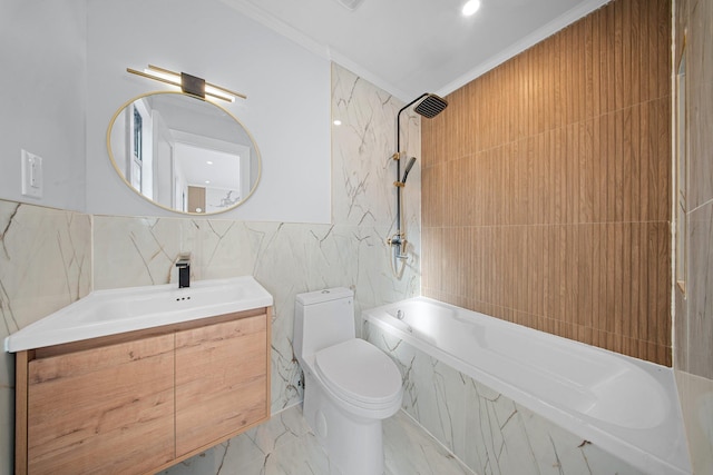 full bathroom with toilet, tiled shower / bath, tile walls, vanity, and ornamental molding