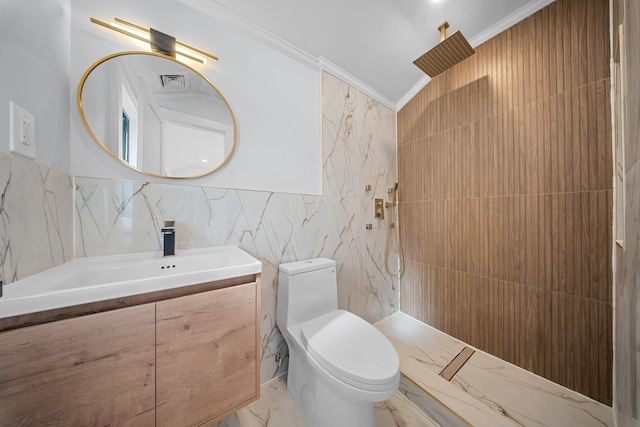 bathroom featuring walk in shower, toilet, tile walls, ornamental molding, and vanity