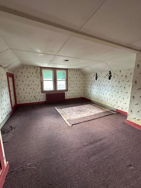 additional living space with carpet, radiator, and vaulted ceiling