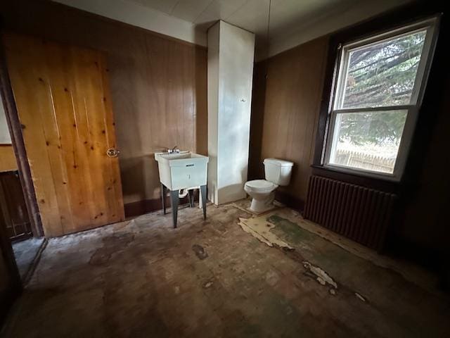 misc room featuring radiator, sink, and wooden walls