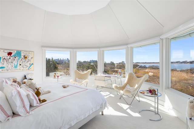 bedroom with multiple windows, light carpet, and a water view