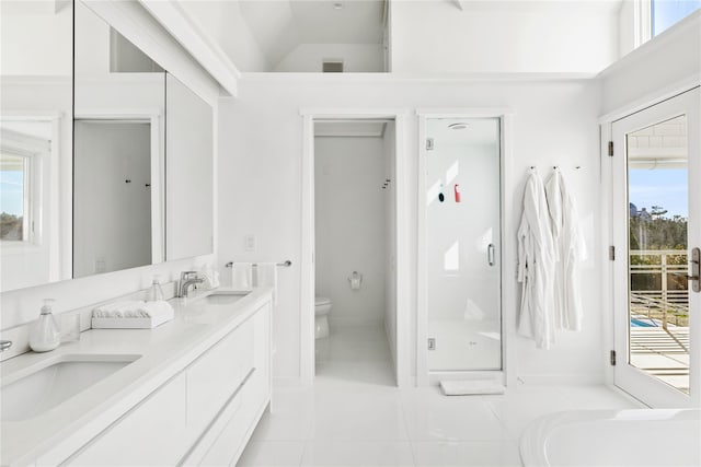 bathroom with tile patterned floors, vanity, high vaulted ceiling, toilet, and a shower with shower door