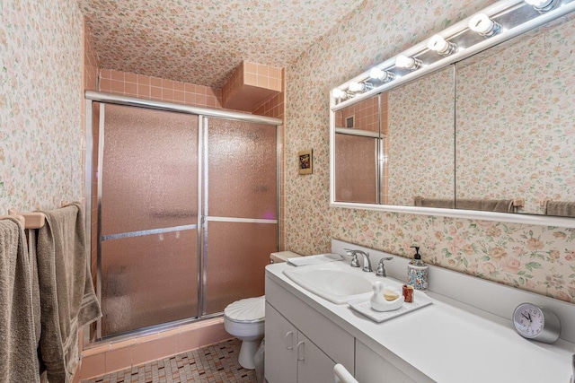 166-25 Powells Cove Blvd Unit 16M, Beechhurst, NY 11357 - full bathroom featuring wallpapered walls, vanity, a stall shower, and tile patterned flooring