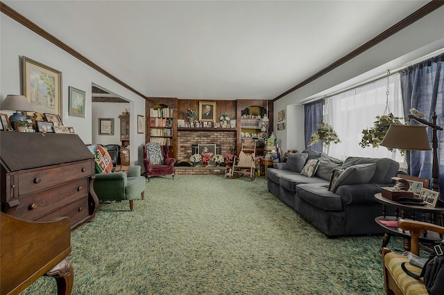 carpeted living room featuring crown molding, a fireplace, and built in shelves