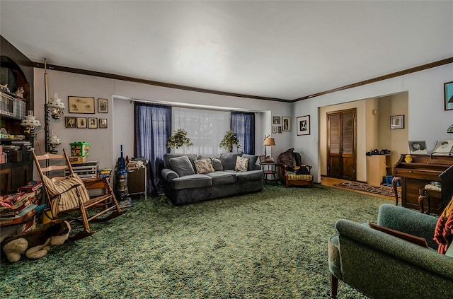 living room featuring ornamental molding and carpet floors