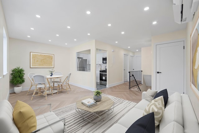 living room with light parquet flooring