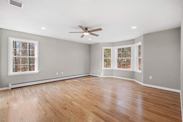 empty room with ceiling fan, light hardwood / wood-style flooring, and a baseboard radiator