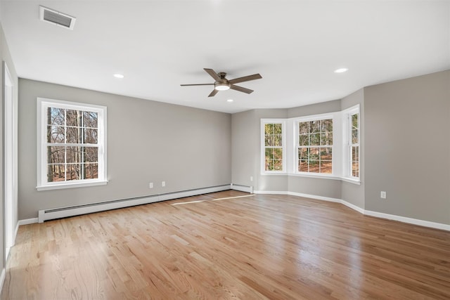 spare room with ceiling fan, light hardwood / wood-style floors, and a baseboard heating unit