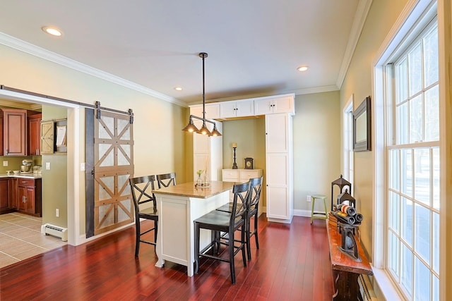 dining area featuring dark wood-type flooring, a baseboard radiator, crown molding, and a barn door