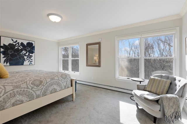 bedroom with carpet floors, ornamental molding, multiple windows, and a baseboard radiator