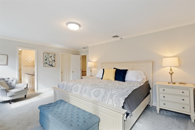 bedroom featuring crown molding, baseboards, visible vents, and light carpet