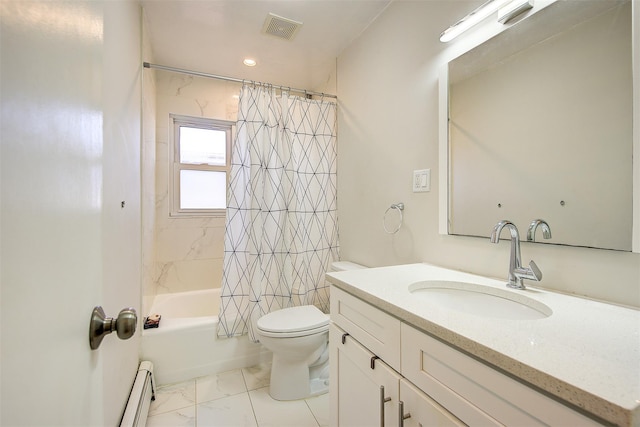 full bathroom featuring shower / bathtub combination with curtain, baseboard heating, vanity, and toilet