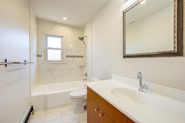 full bathroom featuring toilet, a baseboard heating unit, tiled shower / bath, and vanity