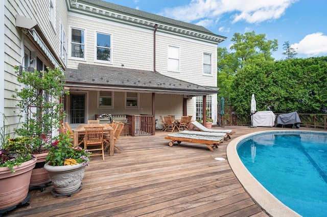 11 Vermont Ave, White Plains, NY 10606 - view of swimming pool featuring outdoor dining area and a wooden deck
