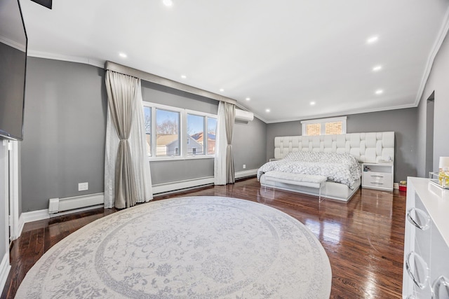 bedroom with a wall mounted air conditioner, lofted ceiling, a baseboard heating unit, crown molding, and dark hardwood / wood-style flooring