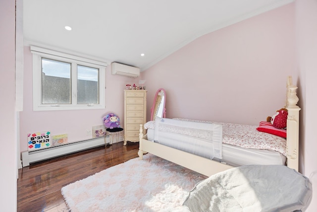 bedroom with a baseboard heating unit, an AC wall unit, vaulted ceiling, ornamental molding, and dark hardwood / wood-style flooring