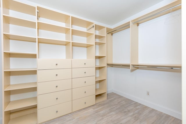 walk in closet with light hardwood / wood-style flooring