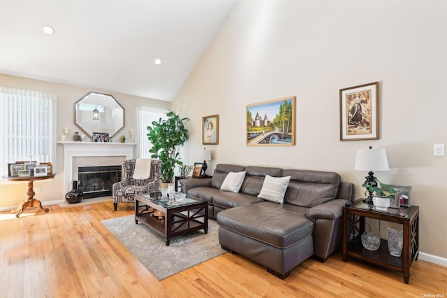 living room with high vaulted ceiling and light hardwood / wood-style flooring