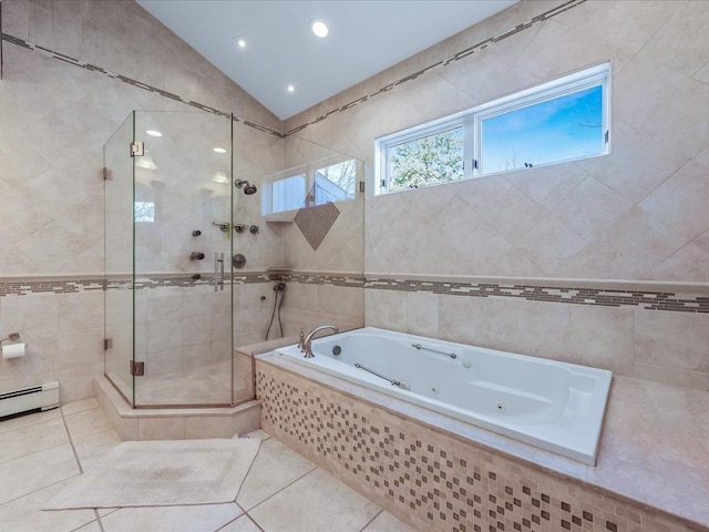 bathroom with vaulted ceiling, independent shower and bath, and tile patterned floors