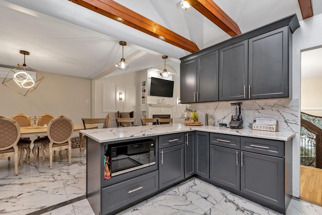 kitchen with vaulted ceiling with beams, decorative backsplash, decorative light fixtures, kitchen peninsula, and black microwave