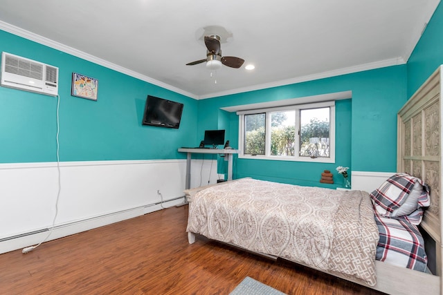 bedroom featuring ceiling fan, dark hardwood / wood-style flooring, ornamental molding, and a wall unit AC