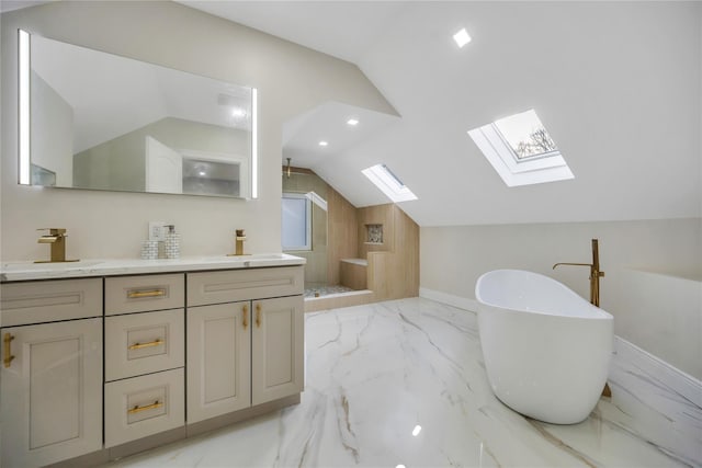 bathroom with vanity, shower with separate bathtub, wooden walls, and lofted ceiling with skylight