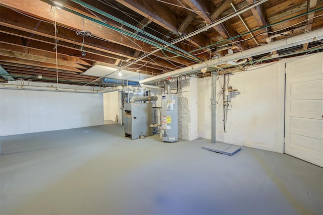 basement with water heater and heating unit