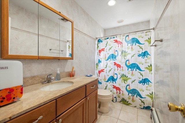 bathroom featuring vanity, a shower with shower curtain, a baseboard radiator, tile patterned floors, and toilet