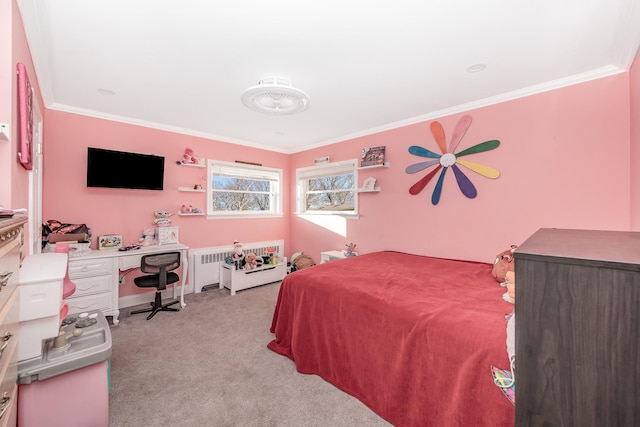 bedroom featuring light colored carpet, radiator heating unit, and crown molding