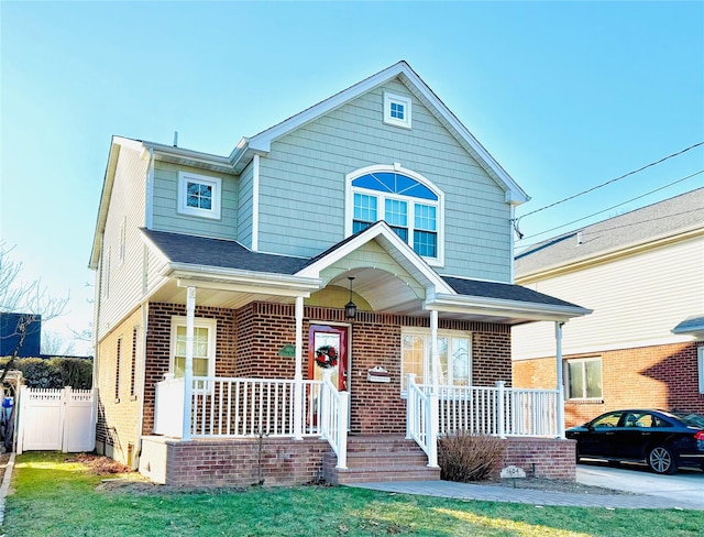 view of front of home with covered porch and a front yard